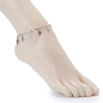 304 Stainless Steel Leaf Charm Anklets, with Bar Link Chains