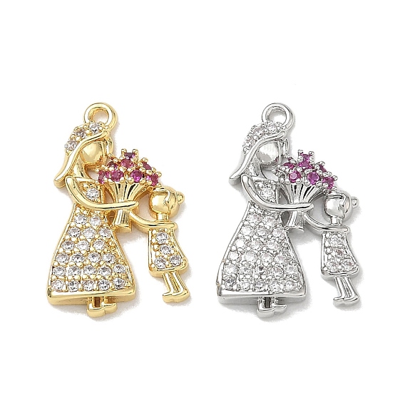 Mother's Day Brass Micro Pave Colorful Cubic Zirconia Pendants, Mother & Child Shape Charms, Lead Free & Cadmium Free, Rack Plating, Long-Lasting Plated