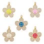 5Pcs 5 Colors Brass Micro Pave Clear Cubic Zirconia Pendants, with Enamel and Jump Rings, Long-Lasting Plated, Flower with Smiling Face