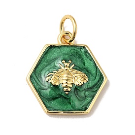 Rack Plating Brass Enamel Pendants, with Jump Ring, Cadmium Free & Nickel Free & Lead Free, Real 18K Gold Plated, Hexagon with Bee