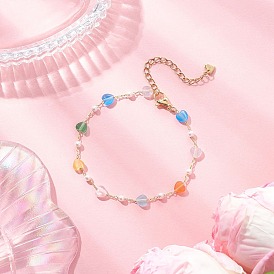 Браслеты из пластиковых бусин с кошачьим глазом и жемчугом для женщин, сердце, с латунной фурнитурой 