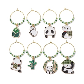 8Pcs 8 Styles Panda Alloy Enamel Wine Glass Charms, with Brass Hoop Earring Findings and Glass Bead