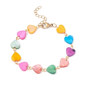 Natural Shell Heart Link Chain Bracelet, 304 Stainless Steel Jewelry for Women, Golden