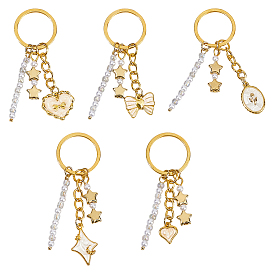 5 шт. брелок-подвеска в виде звезды-банта из эмалированного сплава и АБС-пластика с имитацией жемчуга, с железными кольцами, золотые