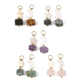 2 piezas 2 estilos colgantes facetados de piedra natural mixta y concha, dijes de luna y estrella con 304 anillas de salto abiertas de acero inoxidable, dorado