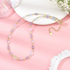 Gradient Color Electroplate Glass and Brass Tube Beaded Necklaces, Faceted Rectangle and Cube Necklaces, Golden