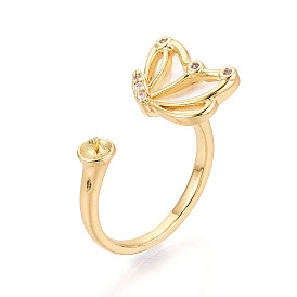 Кольца-манжеты с бабочками из латуни, микропаве из прозрачных кубических цирконий и ракушек, для полуполых бусин 