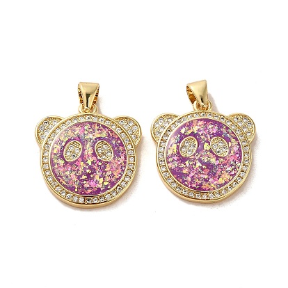 Brass Micro Pave Cubic Zirconia with Synthetic Opal Pendants, Cadmium Free & Lead Free, Real 18K Gold Plated, Panda