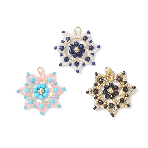 3шт 3цвета стеклянные бусины снежинки подвески, с латунными соединительными кольцами и 304 открытыми соединительными кольцами из нержавеющей стали, реальный 18 k позолоченный