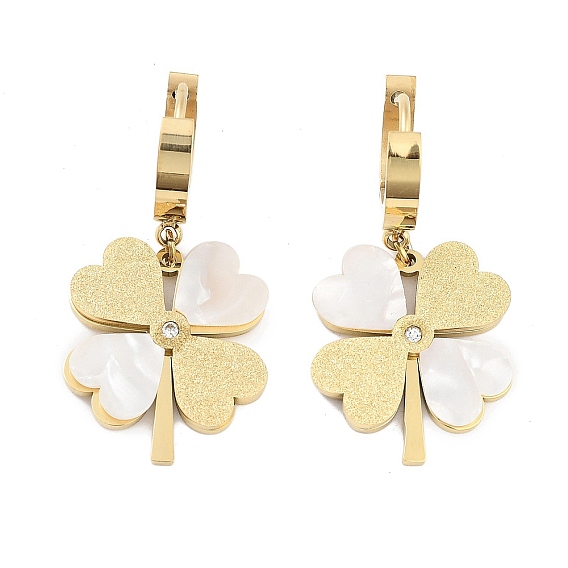 304 серьги с подвесками из ракушки из нержавеющей стали, женские серьги-кольца со стразами и текстурой клевера