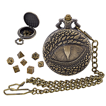 Vintage Alloy Flat Round Dragon Eye Pocket Watch with Brass Curb Chain, Clips and 7Pcs Dices