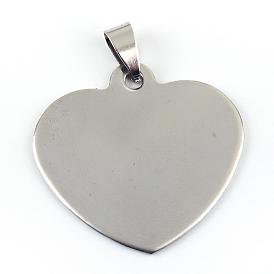 201 Stainless Steel Stamping Blank Tag Pendants, with Snap on Bails, One Side Polishing, Heart, 33x34.5x1mm, Hole: 6x4mm