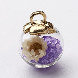 Glass Ball Pendants, with CCB Plastic Findings, Random Dried Flower and Rhinestone