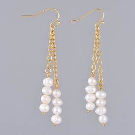 Серьги с натуральным культивированным пресноводным жемчугом, с медными крючками и цепями