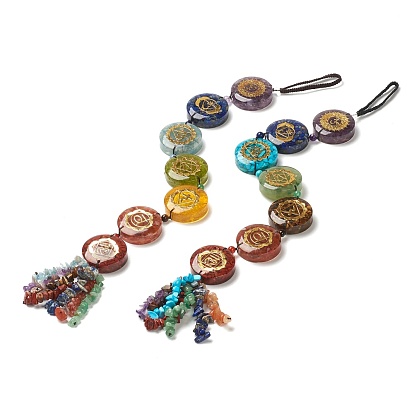 Natürliche und synthetische Edelstein-Chakra hängende Anhängerdekorationen, mit Nylonschnur, flache Runde & Chips