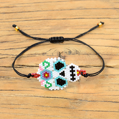 Multi-layered Crystal Beaded Miyuki Skull Couple Bracelet for Halloween