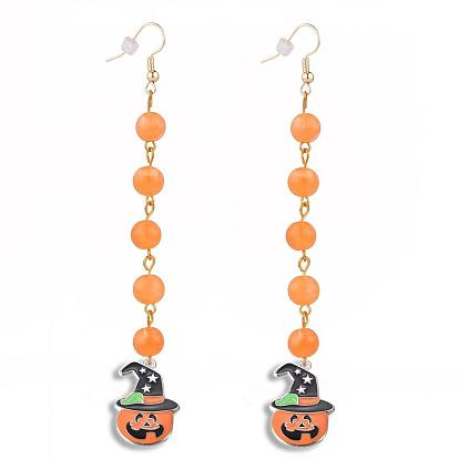 Legierung Emaille Kürbis Jack-o'-Laterne Ohrringe baumeln, für Halloween, mit nachgemachten Edelstein-Acryl-Rundperlen, Ohrhaken und Ohrmuttern aus Messing, golden
