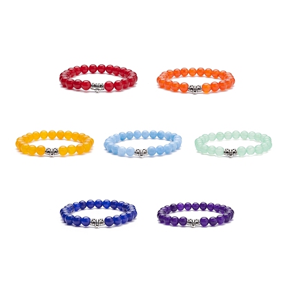 7Pcs 7 Color Natural Malaysia Jade(Dyed) Stretch Bracelets Set with Alloy Hangers, 7 Chakra Gemstone Stackable Bracelets for Women