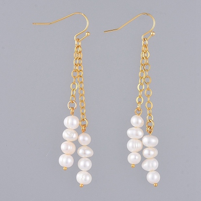 Natural Cultured Freshwater Pearl Dangle Earrings, with Brass Earring Hooks and Cable Chains
