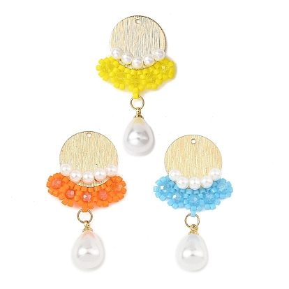 3Pcs 3 Colors Glass Seed Beaded & ABS Plastic Imitation Pearl & Glass Pendants, Flower Charm, with Rack Plating Brass Chandelier Components