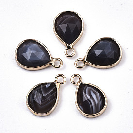 Gemstone Charms, with Light Gold Plated Brass Edge and Loop, Teardrop, Faceted