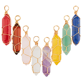 8Pcs 8 Style Natural Gemstone Pendants, with Golden Steel Wire, Hexagon Prism