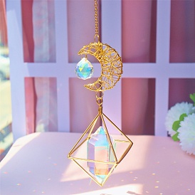Moon Iron Hollow Big Pendant Decorations, K9 Crystal Glass Hanging Sun Catchers, with Brass Findings, for Garden, Wedding, Lighting Ornament