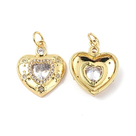 Brass Micro Pave Clear Cubic Zirconia Pendants, with Jump Ring and Glass, Heart Charm