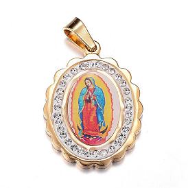 304 pendentifs dame de guadalupe en acier inoxydable, Avec des strass et du papier en polymère, ovale avec la Vierge Marie