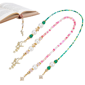 2 pièces 2 styles marque-page en verre, acrylique, laiton et plastique CCB, avec des pendentifs en strass en alliage, lune et étoiles