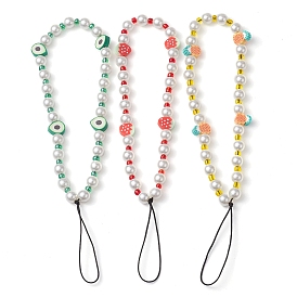 3pcs fruits en argile polymère et perles imitées et sangles mobiles en perles de verre, décoration d'accessoires mobiles en fil de nylon tressé