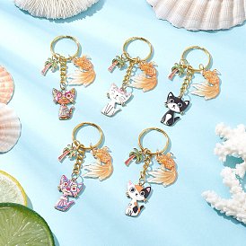 5Pcs Alloy Acrylic Cat Goldfish Keychains, Golden