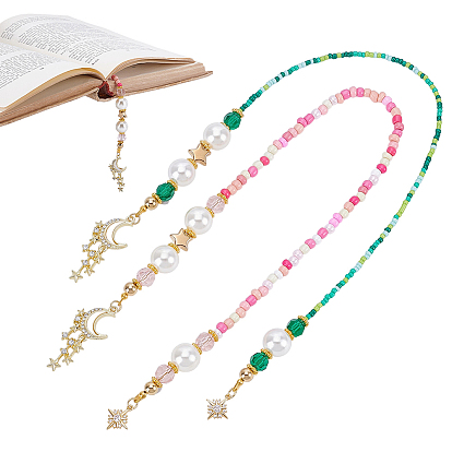 2 pièces 2 styles marque-page en verre, acrylique, laiton et plastique CCB, avec des pendentifs en strass en alliage, lune et étoiles