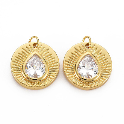 Brass Clear Cubic Zirconia Pendants, with Jump Rings, Nickel Free, Flat Round with Teardrop
