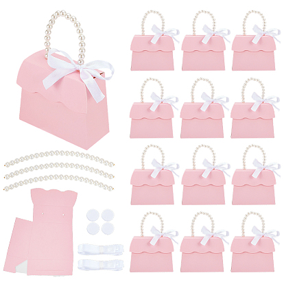 Бумажные подарочные коробки для свадебных конфет в форме сумочки, с белой лентой и ручками, украшенными искусственным жемчугом.