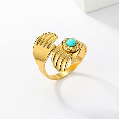 Hands Hug Shape Stainless Steel Open Cuff Rings, with Synthetic Turquoise