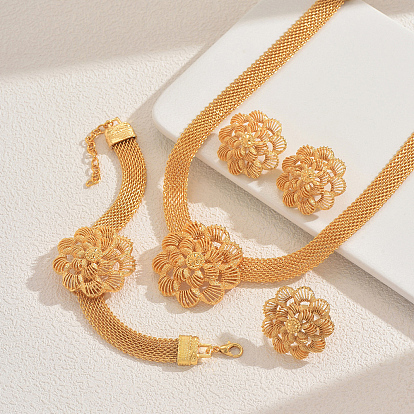 Комплекты из полых цветочных браслетов, серег, ожерелий и колец из сплава для женщин