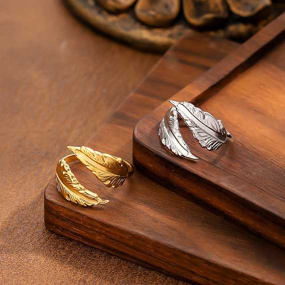 304 открытые кольца-манжеты из нержавеющей стали для женщин, перо