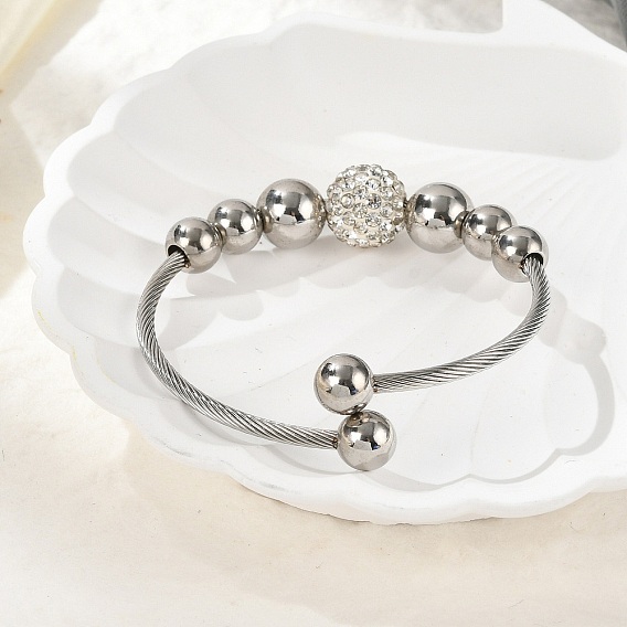 304 из нержавеющей стали манжеты браслеты, браслеты с крутящим моментом для женщин, со стразами из полимерной глины и шариками