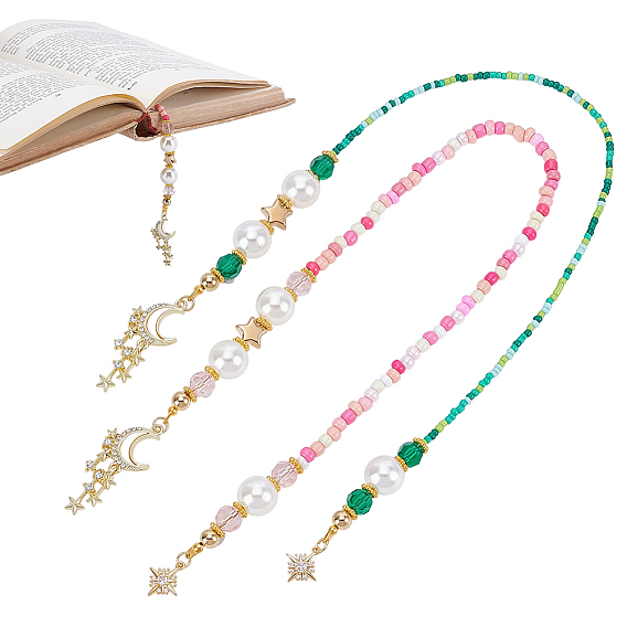 2Pcs 2 Styles Glass & Acrylic & Brass & CCB Plastic Beaded Bookmark, with Alloy Rhinestone Pendants, Moon & Star