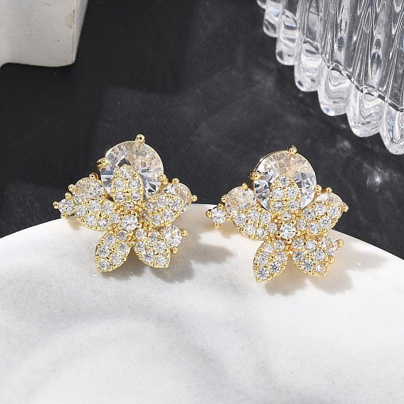 Brass Micro Pave Clear Cubic Zirconia Stud Earrings, Flower, Long-Lasting Plated, Rack Plating, Lead Free & Cadmium Free