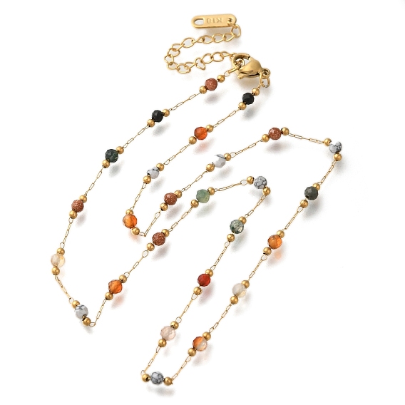 Ионное покрытие (IP) 304 ожерелья из нержавеющей стали, Ожерелья из бусин из натуральных смешанных драгоценных камней