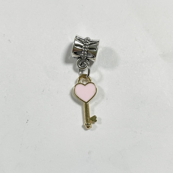 Alloy Enamel European Dangle Charms, Large Hole Pendants, Heart Key, Antique Silver