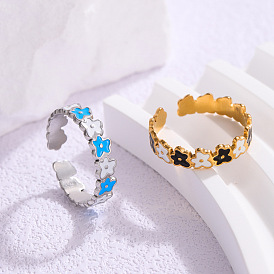 304 Stainless Steel Open Cuff Rings, Flower, with Enamel, Golden/Stainless Steel Color