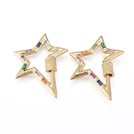 Brass Micro Pave Cubic Zirconia Screw Carabiner Lock Charms, for Necklaces Making, Long-Lasting Plated, Star, Colorful