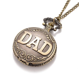 Alloy Flat Round with DAD Pendant Necklace Pocket Watch, with Iron Chains and Lobster Claw Clasps, Quartz Watch, 31.1 inch, Watch Head: 58x46x15mm