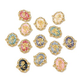 Epoxy Resin & Shell Connector Charms, Rack Plating Brass Pave Clear Cubic Zirconia Oval Links, 18K Gold Plated, Long-lasting Plated, Cadmium Free & Lead Free