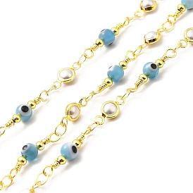 Handmade Brass Glass Link Chain, Soldered, with Spool, Flat Round with Evil Eye, Cadmium Free & Lead Free