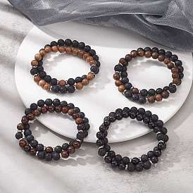 2 шт. 2 стиль натуральное дерево и лава камень круглые браслеты из бисера стрейч набор для женщин