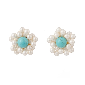 Synthetic Green Turquoise & Shell Pearl Braided Flower Stud Earrings, Golden Brass Jewelry for Women